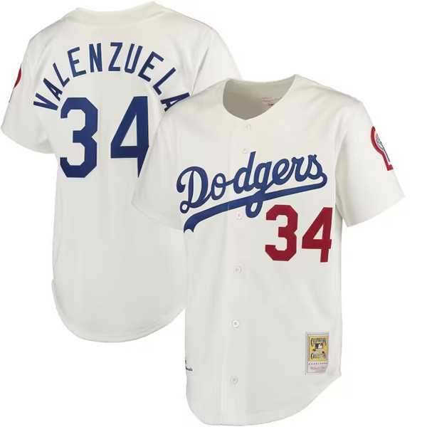 Mens Los Angeles Dodgers #34 Fernando Valenzuela Cream Mitchell & Ness Stitched Baseball Jersey Dzhi